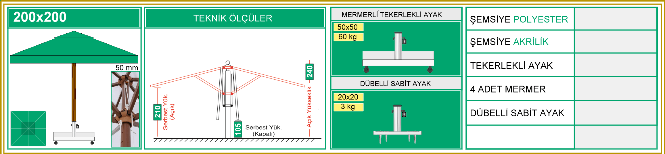 200x200 ahşap şemsiye ölçüsü