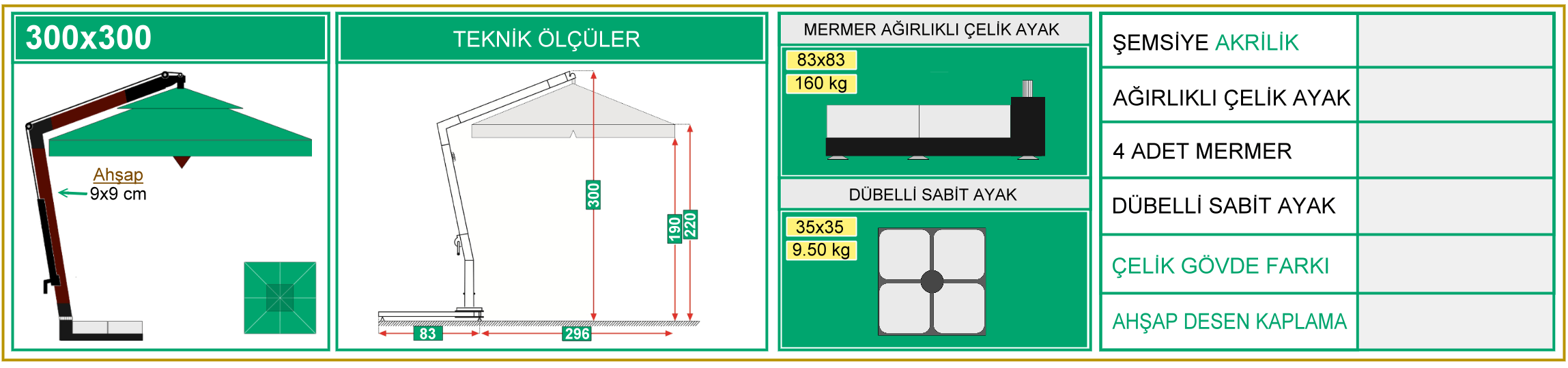 300x300 yandan gövdeli şemsiye ölçüsü