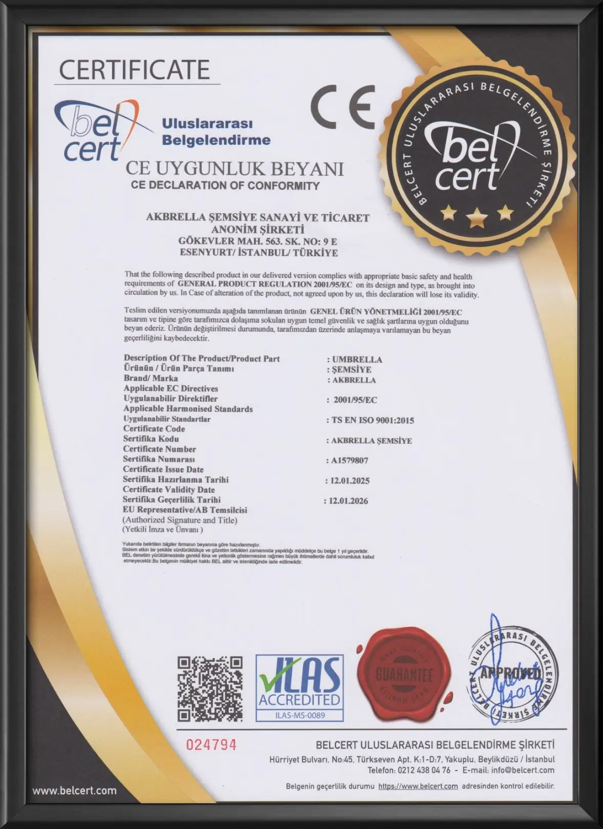 Akbrella kalite sertifikaları