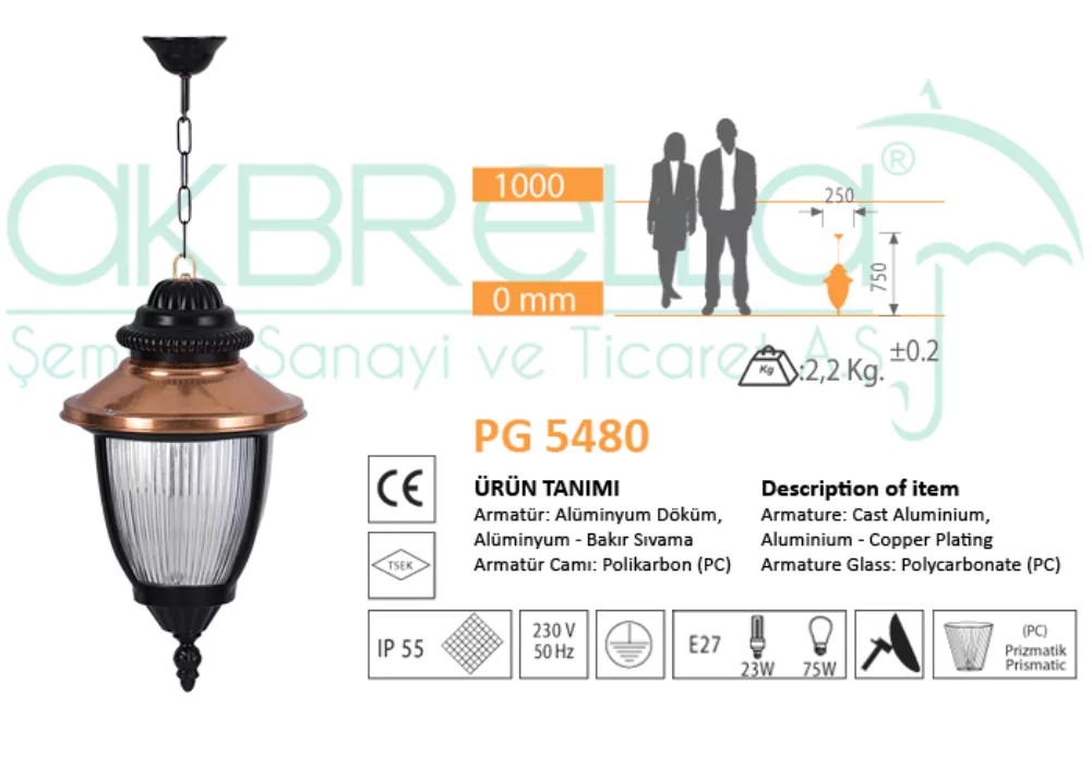 Akbrella PG 5480 bakır şapkalı modern alüminyum döküm zincirli sarkıt aplik teknik ölçüleri ve detay şeması