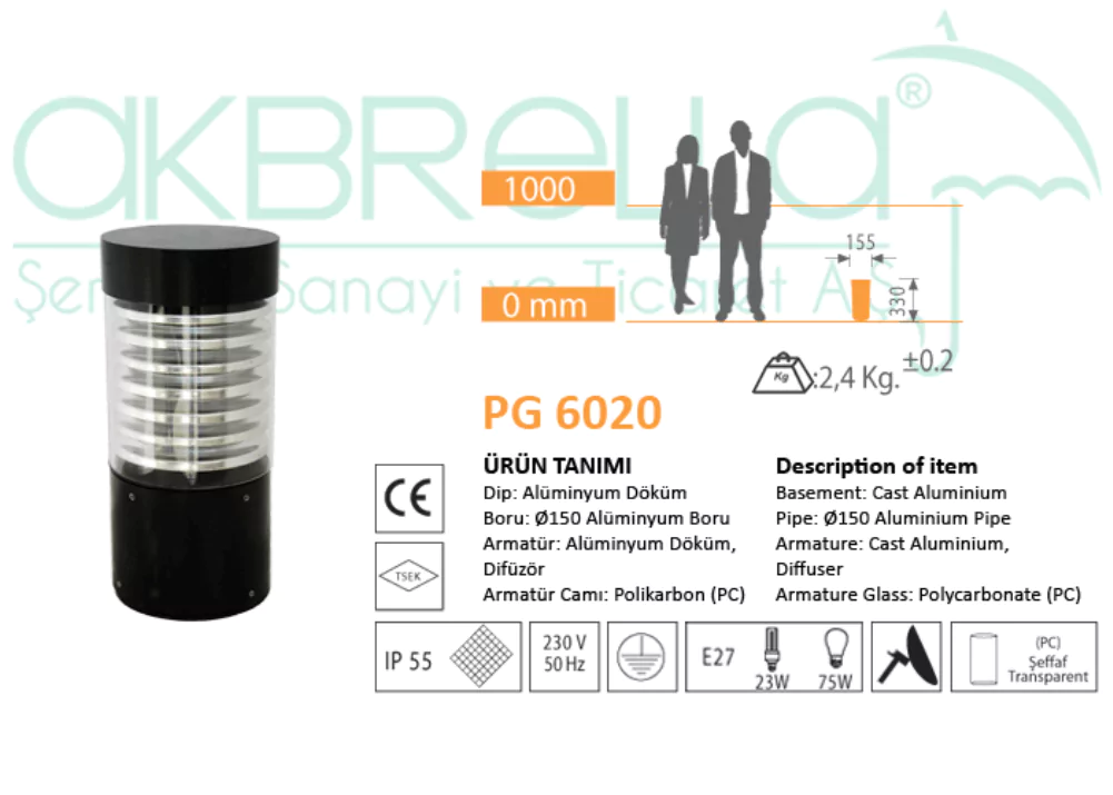 Akbrella PG 6020 modern siyah alüminyum döküm set üstü aplik teknik ölçüleri ve detay şeması