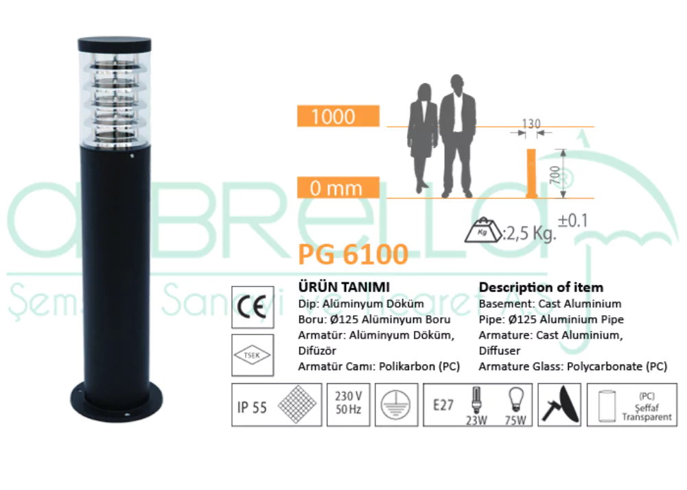 Akbrella PG 6100 modern siyah silindir alüminyum döküm çim aydınlatma direği teknik ölçüleri ve detaylı görünümü