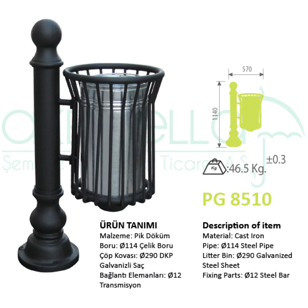 PG 8510 siyah alüminyum döküm ayaklı bahçe çöp kovası modelinin 114 cm yükseklikteki nostaljik tasarımı