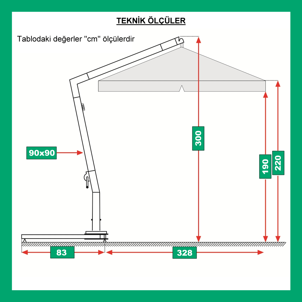 350x350cm Yandan gövdeli şemsiye teknik
