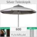 600 Çap 100mm yuvarlak silver teleskopik alüminyum gövdeli büyük bahçe cafe şemsiyesi