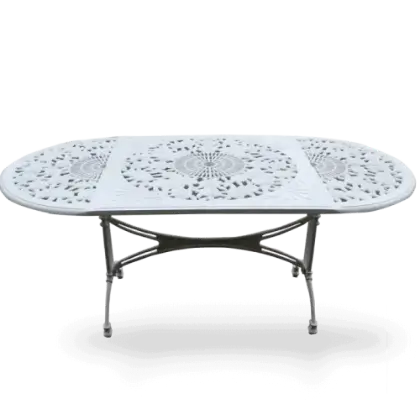 90x180 oval beyaz alminyum dkm d mekan bahe iin ferforje masa modeli