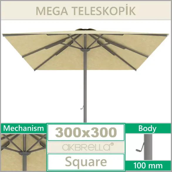 Mega Teleskopik Cafe Bahçe Şemsiyesi 3x3 Metre