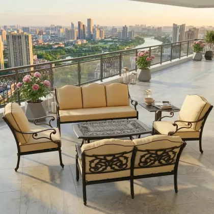 7 kişilik alüminyum döküm dış mekan bahçe balkon için ferforje minderli koltuk oturma seti 2