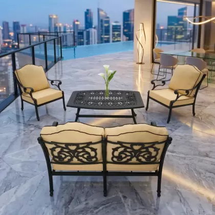 4 kişilik alüminyum döküm dış mekan bahçe balkon için ferforje minderli koltuk oturma seti 2