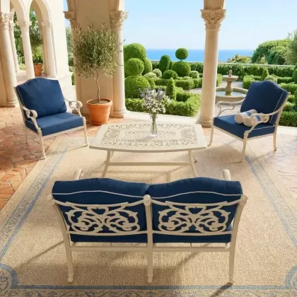 4 kişilik lacivert alüminyum döküm dış mekan bahçe balkon için ferforje minderli koltuk oturma seti 2
