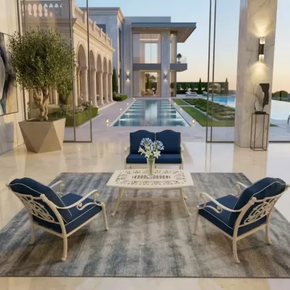 4 kişilik lacivert alüminyum döküm dış mekan bahçe balkon için ferforje minderli koltuk oturma seti 3