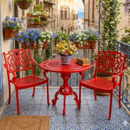 2 kişilik dış mekan bahçe, balkon için alüminyum döküm ferforje kollu güneş figürlü yuvarlak kırmızı masa sandalye takımı 2