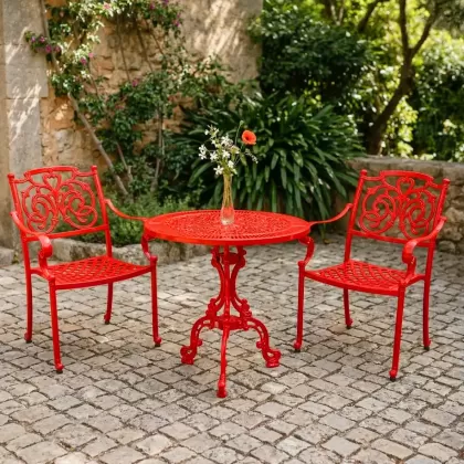 2 kişilik dış mekan bahçe, balkon için alüminyum döküm ferforje kollu güneş figürlü yuvarlak kırmızı masa sandalye takımı 3