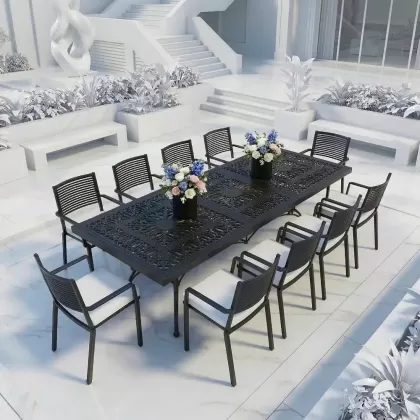 10 kişilik dış mekan bahçe, balkon için alüminyum döküm ferforje nostaljik figürlü dikdörtgen masa sandalye takımı 3