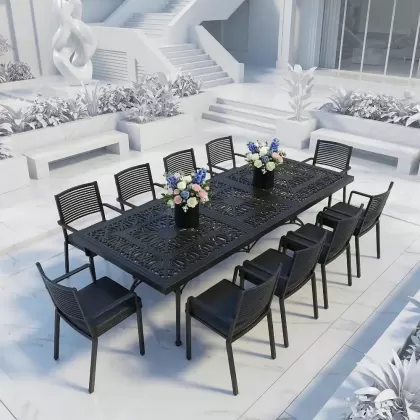 10 kişilik dış mekan bahçe, balkon için alüminyum döküm ferforje nostaljik figürlü dikdörtgen masa sandalye takımı 4