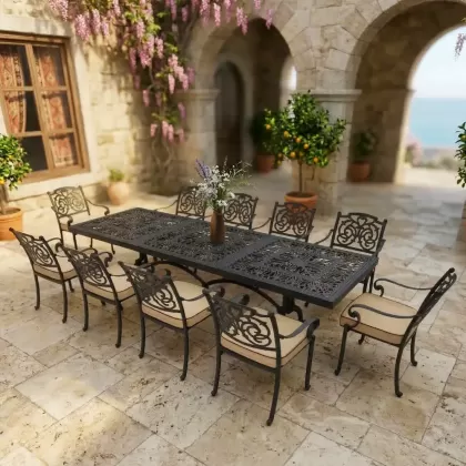 10 kişilik dış mekan bahçe, balkon için alüminyum döküm ferforje kelebek figürlü dikdörtgen masa sandalye takımı 2