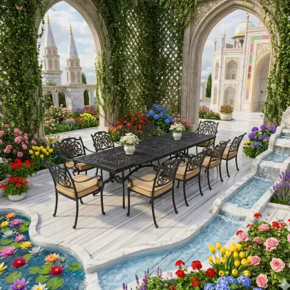 10 kişilik dış mekan bahçe, balkon için alüminyum döküm ferforje kelebek figürlü dikdörtgen masa sandalye takımı 5