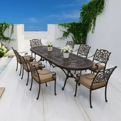 8 kişilik dış mekan bahçe, balkon için alüminyum döküm ferforje kelebek figürlü dikdörtgen minderli masa sandalye takımı 3