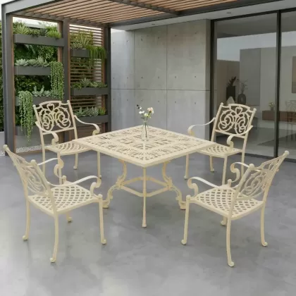 4 kişilik dış mekan bahçe, balkon için alüminyum döküm ferforje kelebek figürlü kare masa sandalye takımı 2