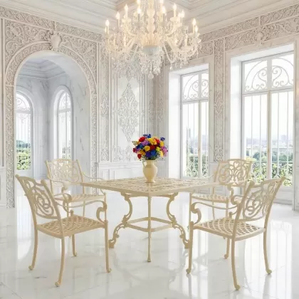 4 kişilik dış mekan bahçe, balkon için alüminyum döküm ferforje kelebek figürlü kare masa sandalye takımı 3