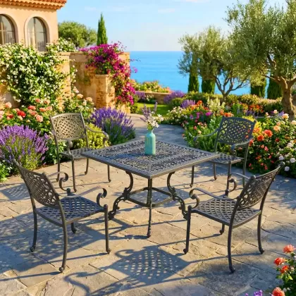 4 kişilik dış mekan bahçe, balkon için alüminyum döküm ferforje güneş figürlü kare masa sandalye takımı