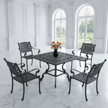 4 kişilik dış mekan bahçe, balkon için alüminyum döküm ferforje güneş figürlü kare masa sandalye takımı 3