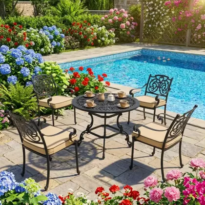 4 kişilik dış mekan bahçe, balkon için alüminyum döküm ferforje güneş figürlü kare masa minderli sandalye takımı 2