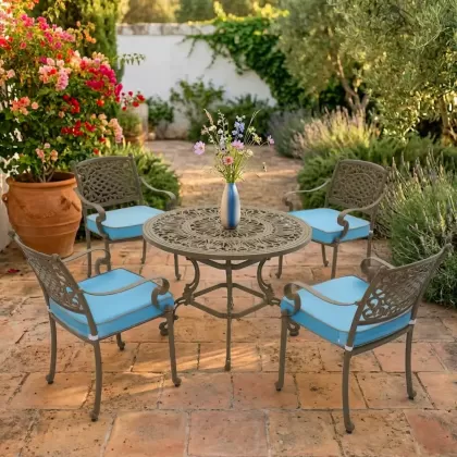 4 kişilik dış mekan bahçe, balkon için alüminyum döküm ferforje kollu güneş figürlü kare masa mavi minderli sandalye takımı 2