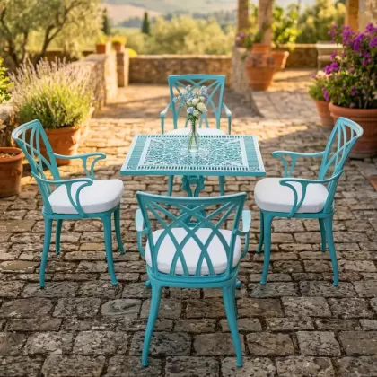 4 kişilik dış mekan bahçe, balkon için alüminyum döküm ferforje kollu yıldız figürlü mavi kare masa sandalye takımı 2