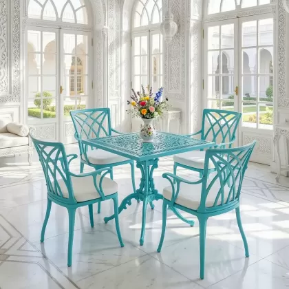 4 kişilik dış mekan bahçe, balkon için alüminyum döküm ferforje kollu yıldız figürlü mavi kare masa sandalye takımı 3