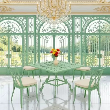 4 kişilik dış mekan bahçe, balkon için alüminyum döküm ferforje kollu yıldız figürlü yeşil kare masa minderli sandalye takımı 2