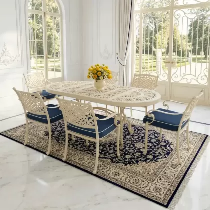 6 kişilik dış mekan bahçe, balkon için alüminyum döküm ferforje güneş figürlü elips masa sandalye takımı 3