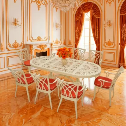 8 kişilik dış mekan bahçe, balkon için alüminyum döküm ferforje kollu yıldız figürlü elips masa minderli sandalye takımı 2