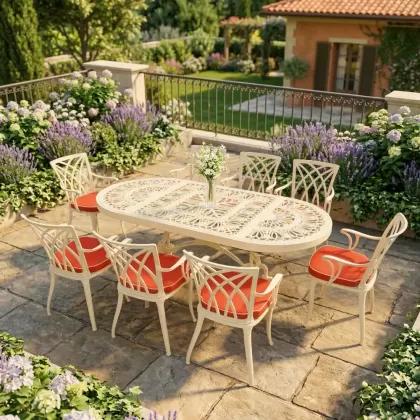 8 kişilik dış mekan bahçe, balkon için alüminyum döküm ferforje kollu yıldız figürlü elips masa minderli sandalye takımı 3