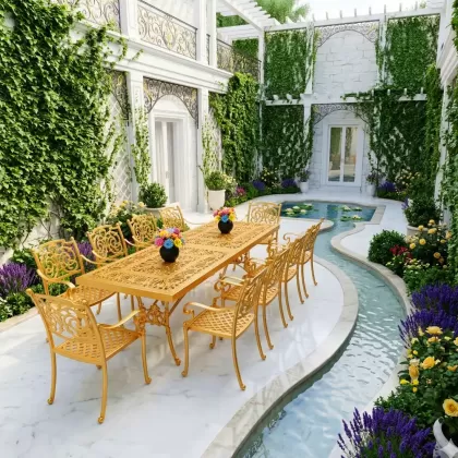 8 kişilik dış mekan bahçe, balkon için alüminyum döküm ferforje kelebek figürlü dikdörtgen gold masa sandalye takımı 2