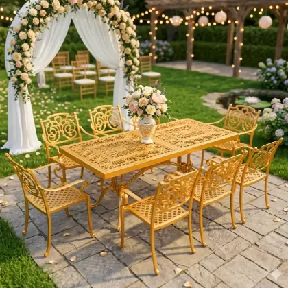 8 kişilik dış mekan bahçe, balkon için alüminyum döküm ferforje kelebek figürlü dikdörtgen gold masa sandalye takımı 3