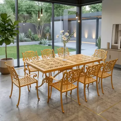 8 kişilik dış mekan bahçe, balkon için alüminyum döküm ferforje kelebek figürlü dikdörtgen gold masa sandalye takımı 4