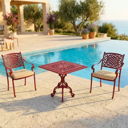 2 kişilik dış mekan bahçe, balkon için alüminyum döküm ferforje kollu güneş figürlü kırmızı  kare masa sandalye takımı 2