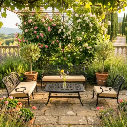 6 kişilik alüminyum döküm dış mekan bahçe balkon için ferforje minderli koltuk oturma seti