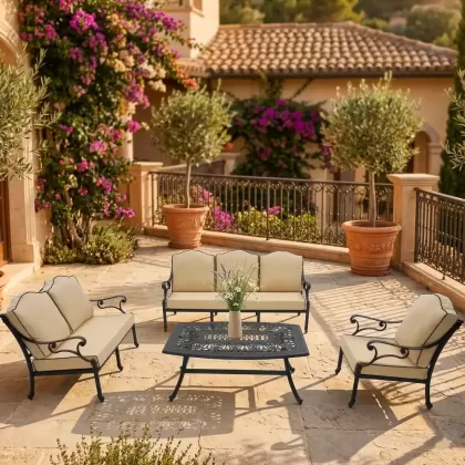 6 kişilik alüminyum döküm dış mekan bahçe balkon için ferforje minderli koltuk oturma takımı 2