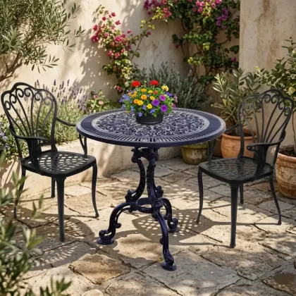 2 kişilik dış mekan bahçe, balkon için alüminyum döküm ferforje kollu tavuskuşu motifli yuvarlak masa sandalye takımı 2
