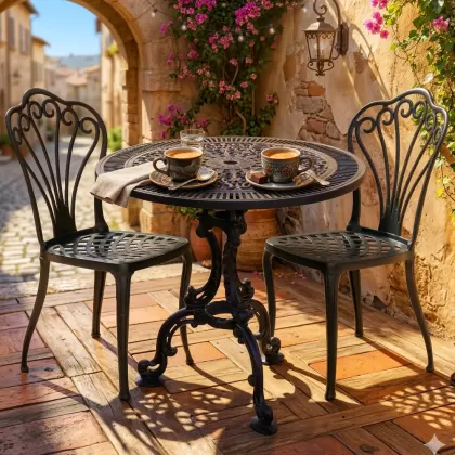 2 kişilik dış mekan bahçe, balkon için alüminyum döküm ferforje kolsuz tavuskuşu motifli yuvarlak masa sandalye takımı 2
