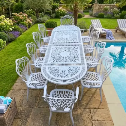 10 kişilik dış mekan bahçe, balkon için alüminyum döküm ferforje kollu tavuskuşu figürlü oval masa sandalye takımı 2