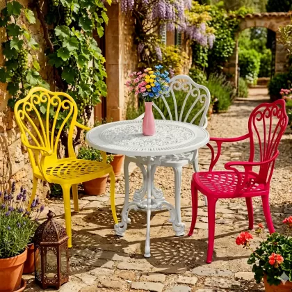 3 kişilik dış mekan bahçe, balkon için alüminyum döküm ferforje renkli kollu tavuskuşu motifli yuvarlak masa sandalye takımı 2