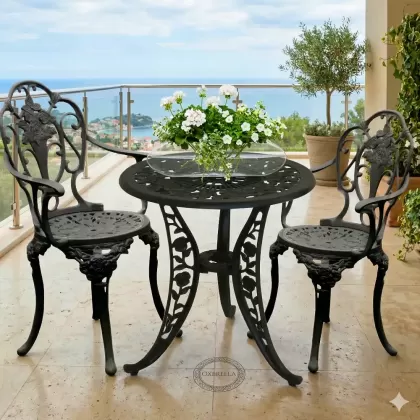 2 kişilik dış mekan bahçe, balkon için alüminyum döküm ferforje kolsuz gül motifli yuvarlak masa sandalye takımı 2