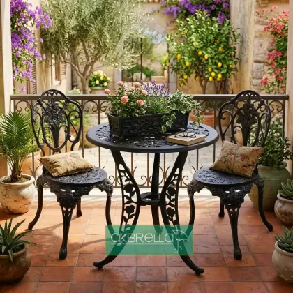 2 kişilik dış mekan bahçe, balkon için alüminyum döküm ferforje kolsuz gül motifli yuvarlak masa sandalye takımı 2