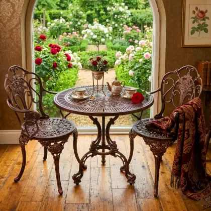 2 kişilik dış mekan bahçe, balkon için alüminyum döküm ferforje kollu gül figürlü bakır eskitme yuvarlak masa sandalye takımı 33