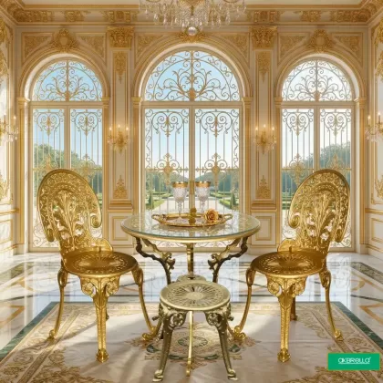 3 kişilik dış mekan bahçe, balkon için alüminyum döküm ferforje Bizans motifli yuavarlak gold tabureli masa sandalye takımı 2