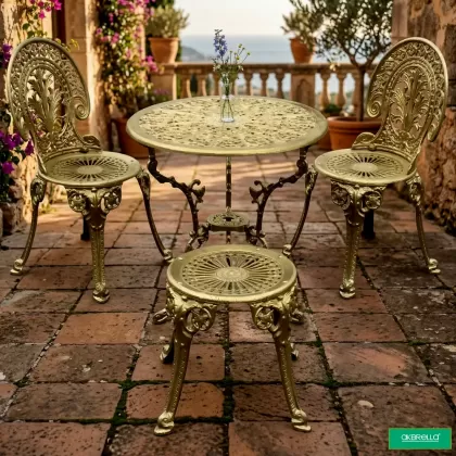 3 kişilik dış mekan bahçe, balkon için alüminyum döküm ferforje Bizans motifli yuavarlak gold tabureli masa sandalye takımı 3