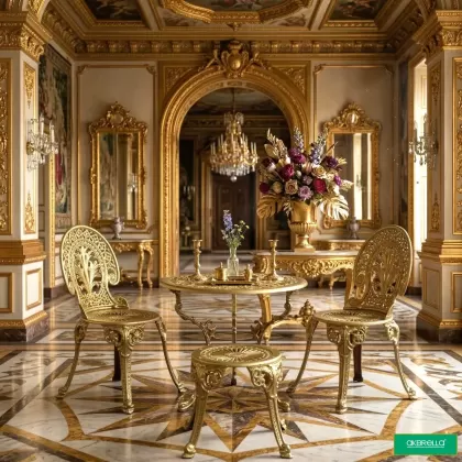 3 kişilik dış mekan bahçe, balkon için alüminyum döküm ferforje Bizans motifli yuavarlak gold tabureli masa sandalye takımı 4